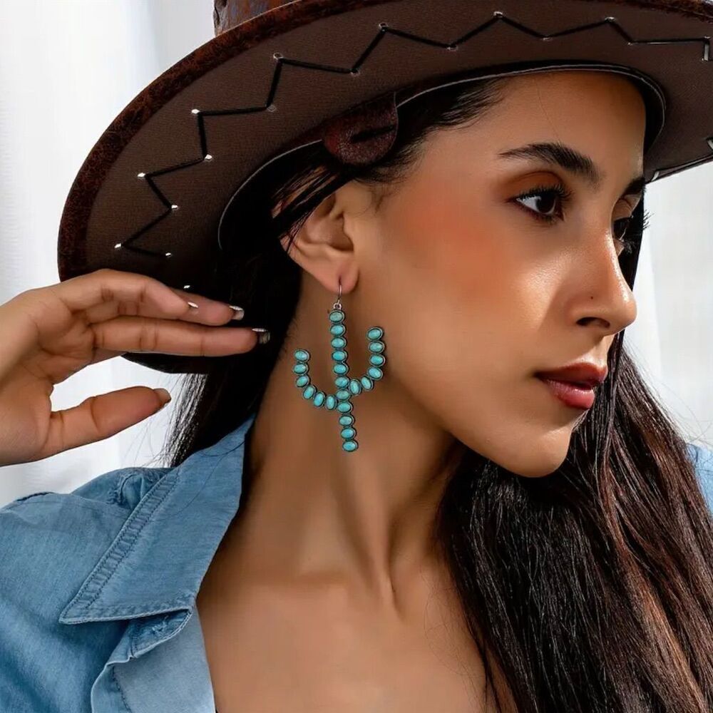 Western Turquoise Cactus Dangle Earrings Rodeo Festival Aztec Ethnic - Picture 2 of 5
